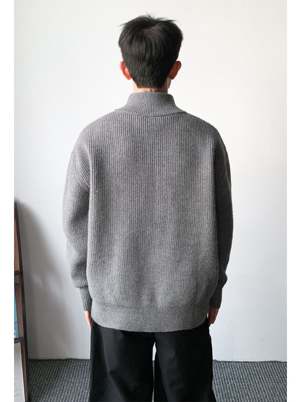 [WHOLESALE ONLY - CONTACT TO ORDER] Unisex Heavyweight 65% Cotton Ribbed Stand Collar Two-Way Zip Knit Cardigan Sweater (Foggy Blue-Grey) [AW-374]
