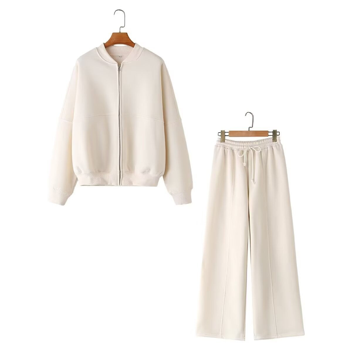 [WHOLESALE ONLY - CONTACT TO ORDER] Women's Heavyweight Cotton Blend Scuba Zip-Up Bomber Jacket and Wide-Leg Sweatpants Two-Piece Set (Cream White) [AW-457]