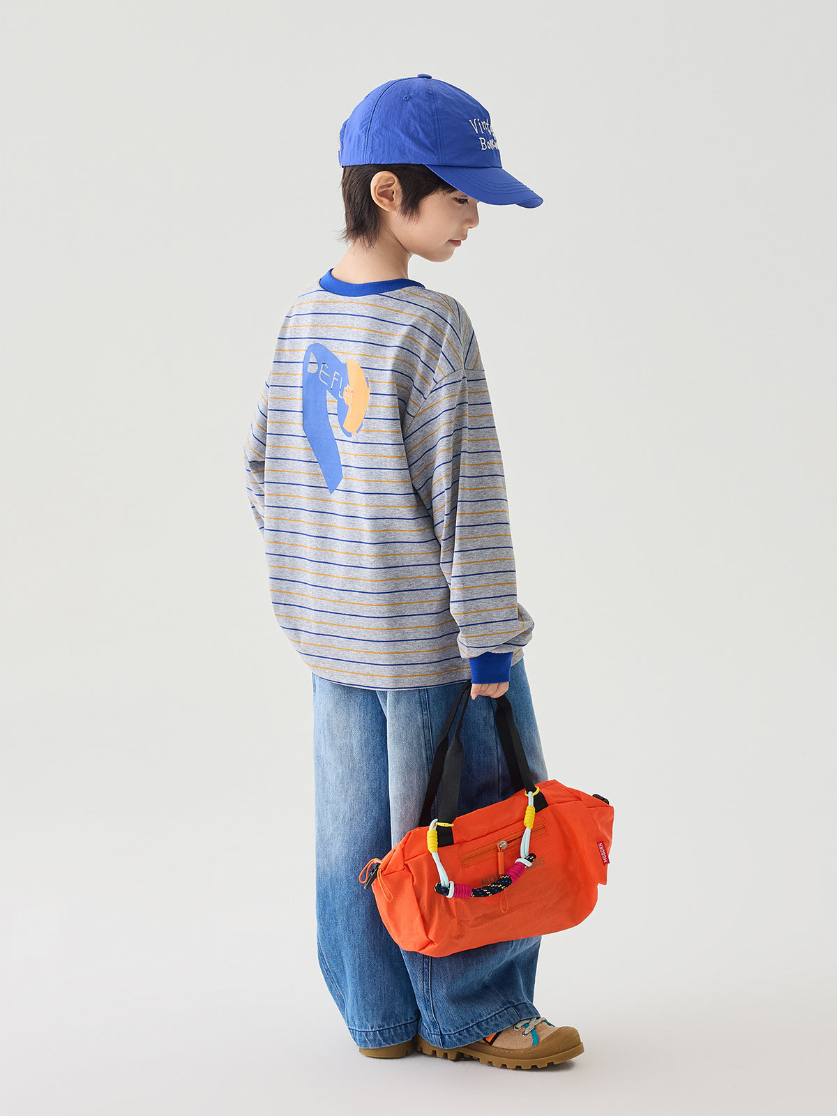 [WHOLESALE ONLY - CONTACT TO ORDER] Kids Unisex Retro Drop-Shoulder 100% Combed Cotton Striped Long Sleeve T-Shirt with Graphic Prints (Heather Grey / Cobalt Blue) [KW-197]