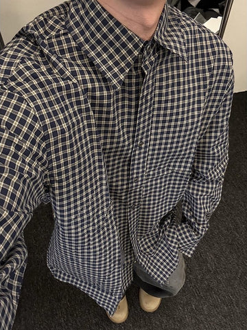 [WHOLESALE ONLY - CONTACT TO ORDER] Unisex Relaxed Fit 100% Cotton Yarn-Dyed Check Long Sleeve Button-Down Shirt (Navy & Khaki) [AW-274]