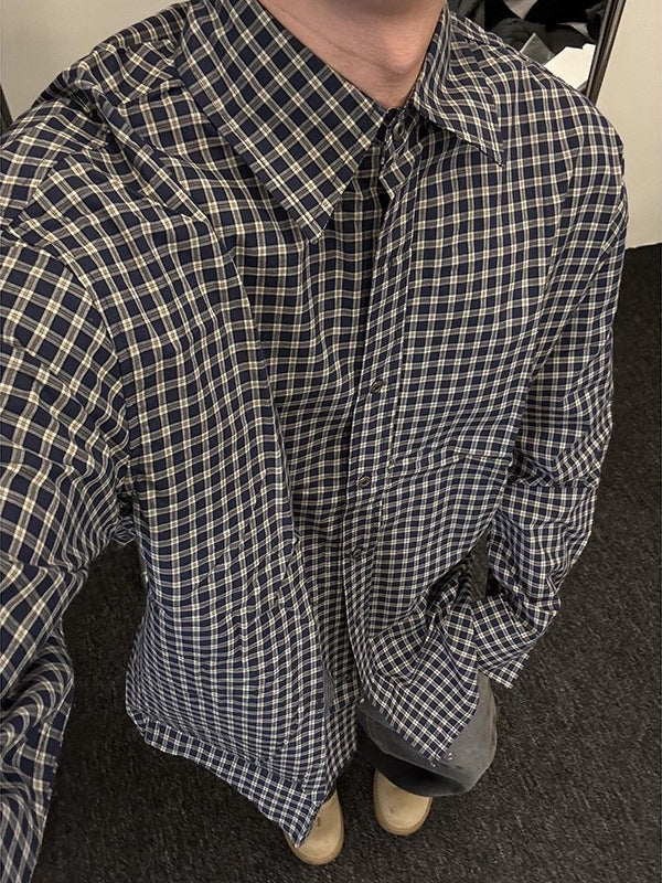 [WHOLESALE ONLY - CONTACT TO ORDER] Unisex Relaxed Fit 100% Cotton Yarn-Dyed Check Long Sleeve Button-Down Shirt (Navy & Khaki) [AW-274]