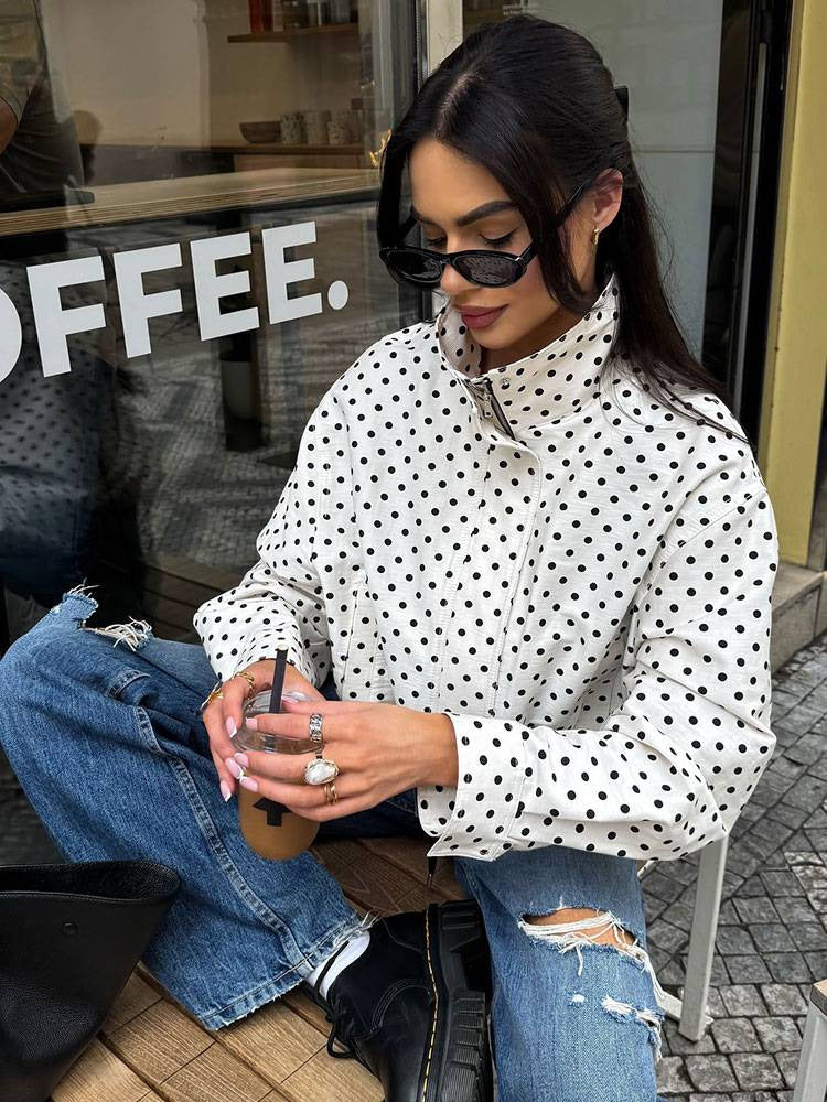 [WHOLESALE ONLY - CONTACT TO ORDER] Women's Vintage Polka Dot Heavyweight Cotton Cropped Stand Collar Jacket and High-Waist Shorts Two-Piece Set (Cream Black Dot) [AW-458]