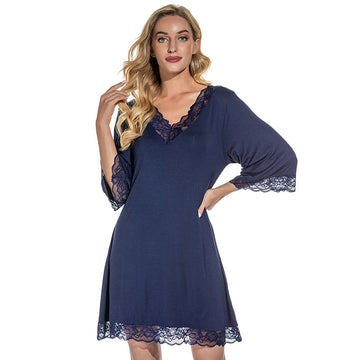 [WHOLESALE ONLY - CONTACT TO ORDER] Women's Elegant Lace-Trim V-Neck 3/4 Sleeve Soft Modal Nightgown Sleep Dress (Deep Navy Blue) [AW-348]