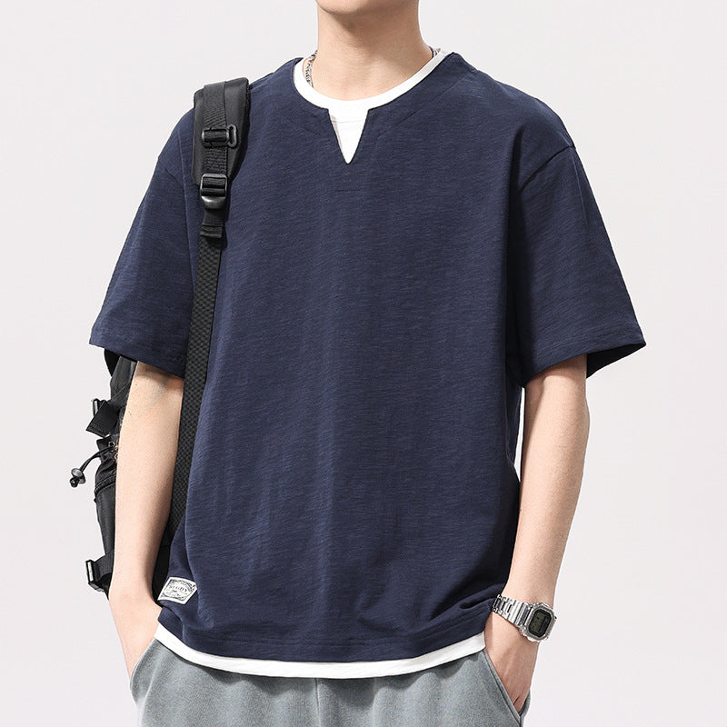 [WHOLESALE ONLY - CONTACT TO ORDER] Unisex Heavyweight 100% Slub Cotton Layered Notched V-Neck Loose Short Sleeve T-Shirt (Deep Navy Blue) [AW-364]