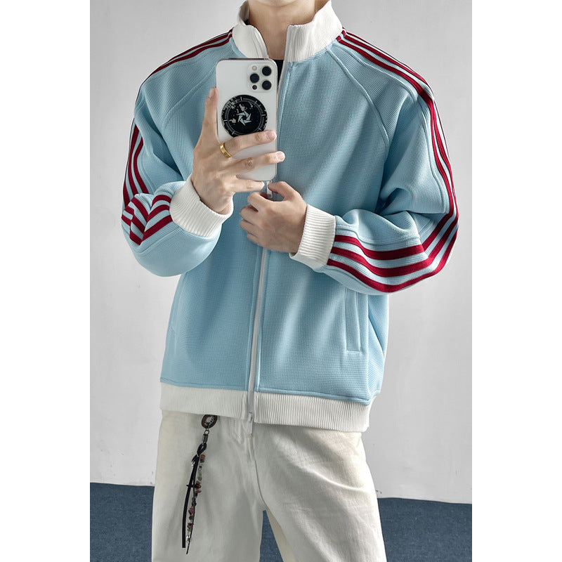 [WHOLESALE ONLY - CONTACT TO ORDER] Men's Retro Athletic Raglan Sleeve Waffle Knit Stand Collar Track Jacket (Sky Blue / Burgundy Stripes) [AW-339]