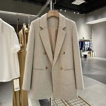 [WHOLESALE ONLY - CONTACT TO ORDER] Women's Korean Quiet Luxury Double-Breasted Peak Lapel Tweed Wool Blend Blazer (Light Oatmeal Melange) [AW-320]