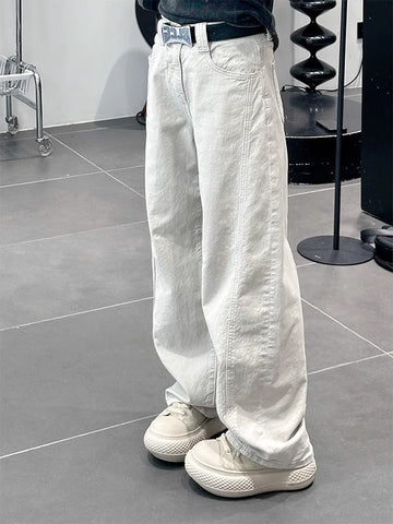 [WHOLESALE ONLY - CONTACT TO ORDER] Men's Heavyweight 100% Cotton Loose Fit Curved Seam Balloon Wide-Leg Jeans (Washed Chalk White) [AW-488]