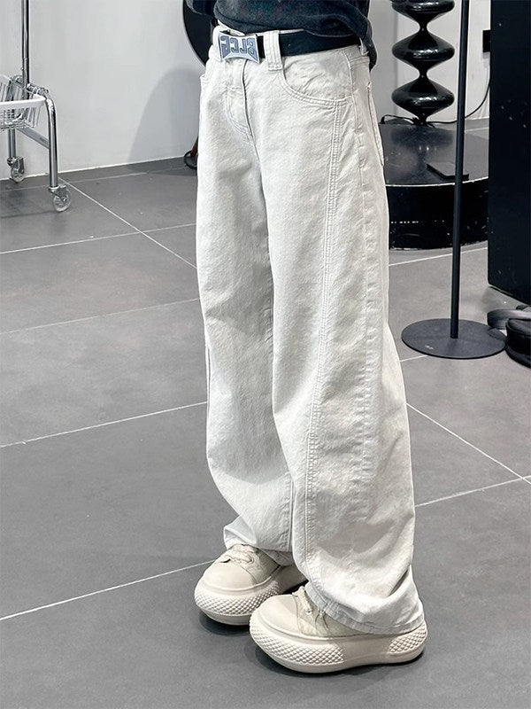 [WHOLESALE ONLY - CONTACT TO ORDER] Men's Heavyweight 100% Cotton Loose Fit Curved Seam Balloon Wide-Leg Jeans (Washed Chalk White) [AW-488]