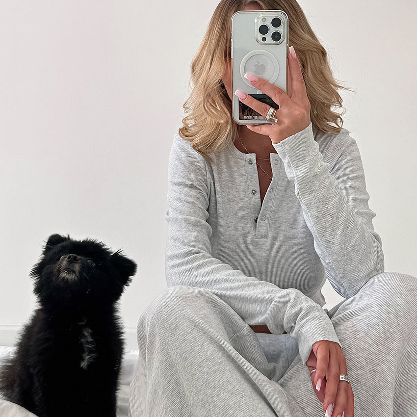 [WHOLESALE ONLY - CONTACT TO ORDER] Women's Cotton Blend 2-Piece Ribbed Henley Crop Top & Drawstring Wide-Leg Pants Lounge Set (Heather Grey) [AW-568]