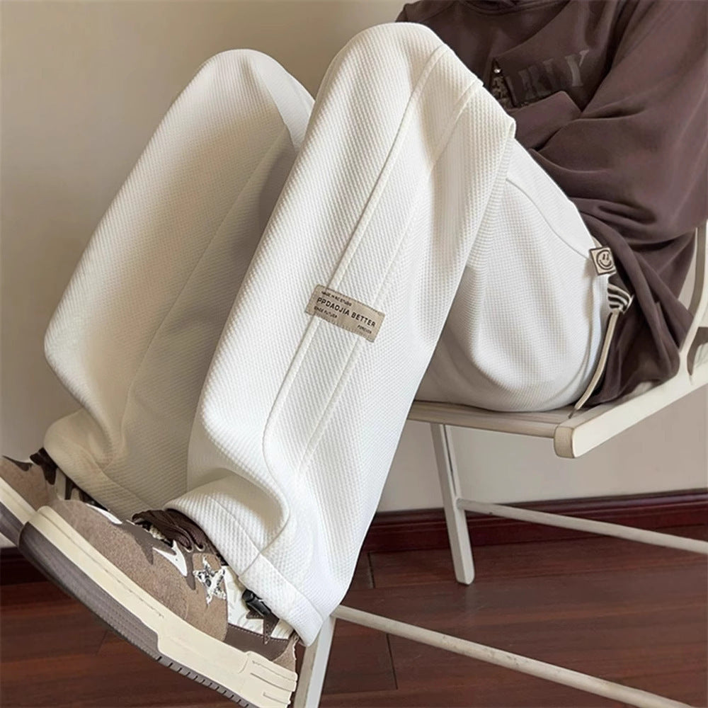 [WHOLESALE ONLY - CONTACT TO ORDER] Men's Waffle Textured Wide-Leg Baggy Sweatpants with Double Side Stripes & Drawstring (Cream White) [AW-149]