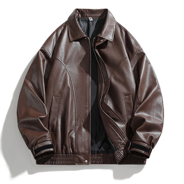 [WHOLESALE ONLY - CONTACT TO ORDER] Men's Vintage Distressed Faux Leather Turn-Down Collar Bomber Jacket with Storm Flap (Coffee Brown) [AW-253]