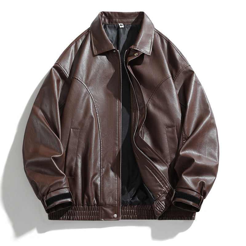 [WHOLESALE ONLY - CONTACT TO ORDER] Men's Vintage Distressed Faux Leather Turn-Down Collar Bomber Jacket with Storm Flap (Coffee Brown) [AW-253]