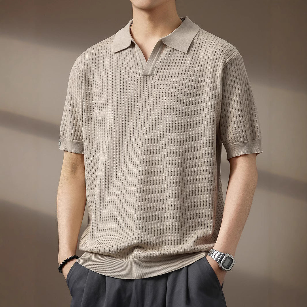 [WHOLESALE ONLY - CONTACT TO ORDER] Men's Vintage Textured Ribbed Cotton Blend Short Sleeve Knit Polo Shirt with Open Johnny Collar (Oatmeal Beige) [AW-464]