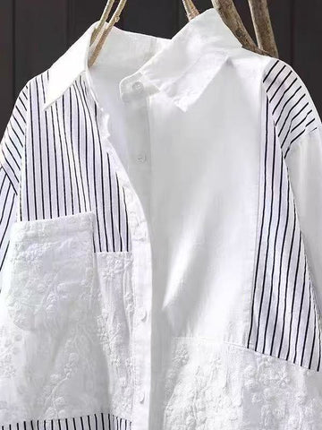 [WHOLESALE ONLY - CONTACT TO ORDER] Unisex Heavyweight 100% Cotton Asymmetric Striped Patchwork Floral Embroidered Oversized Shirt (White / Stripe) [AW-356]