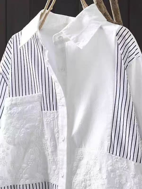 [WHOLESALE ONLY - CONTACT TO ORDER] Unisex Heavyweight 100% Cotton Asymmetric Striped Patchwork Floral Embroidered Oversized Shirt (White / Stripe) [AW-356]