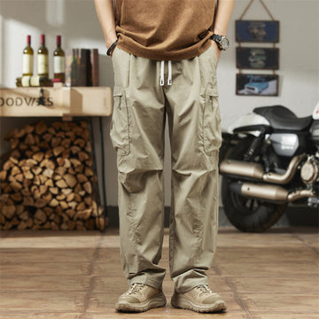 [WHOLESALE ONLY - CONTACT TO ORDER] Men's Gorpcore Techwear Quick-Dry Wide-Leg Parachute Cargo Pants with Drawstring (Desert Sage) [AW-331]