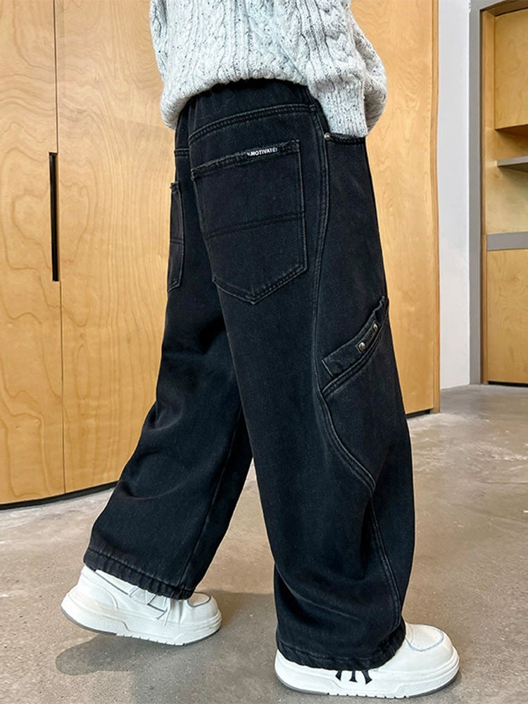 [WHOLESALE ONLY - CONTACT TO ORDER] Kids Unisex Relaxed Fit 85% Cotton Washed Black Denim Wide-Leg Baggy Jeans with Curved Seam Cargo Pockets [KW-179]