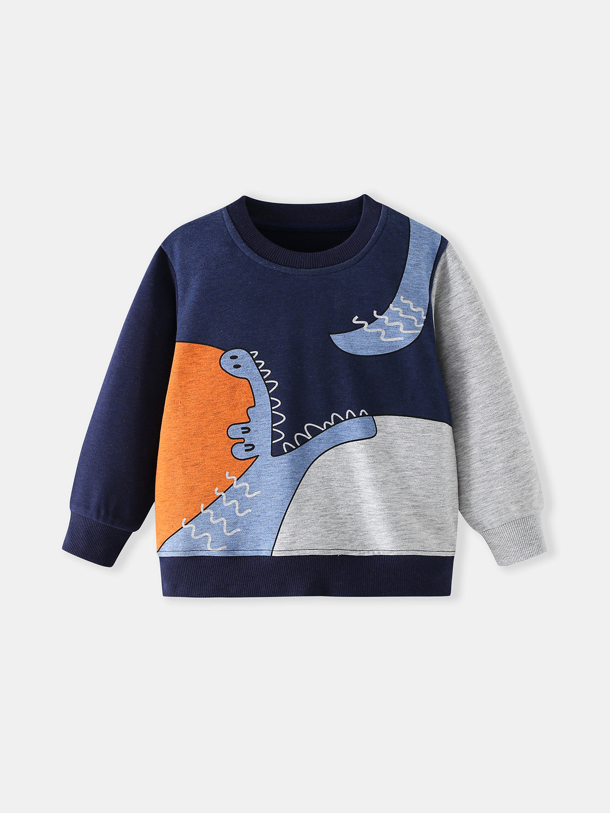 [WHOLESALE ONLY - CONTACT TO ORDER] Toddler & Boys Cotton French Terry Colorblock Dinosaur Graphic Sweatshirt (Navy/Heather Grey) [KW-238]