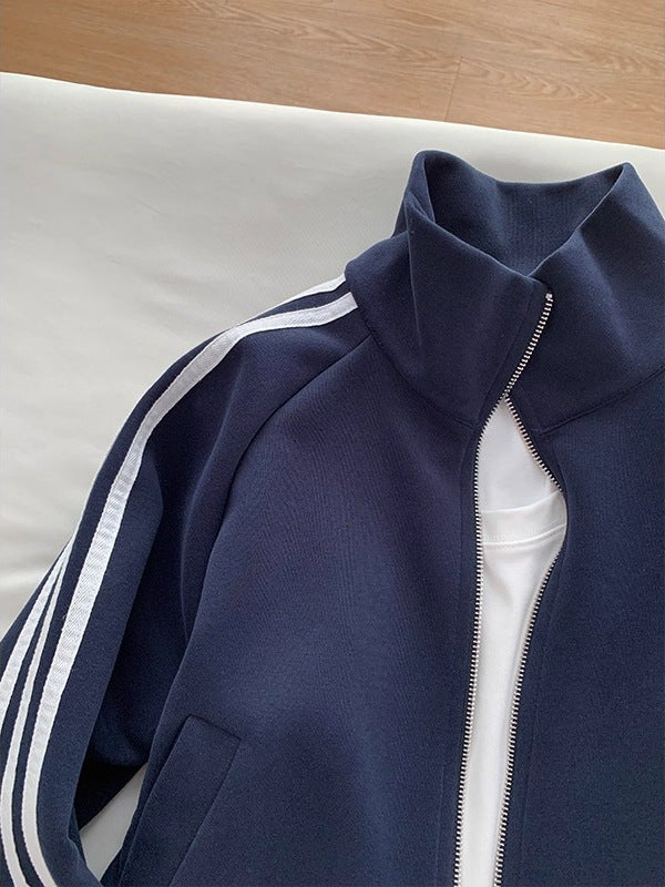 [WHOLESALE ONLY - CONTACT TO ORDER] Unisex Heavyweight Cotton Blend Cropped Stand Collar Striped Full-Zip Knit Track Jacket (Midnight Navy) [AW-505]