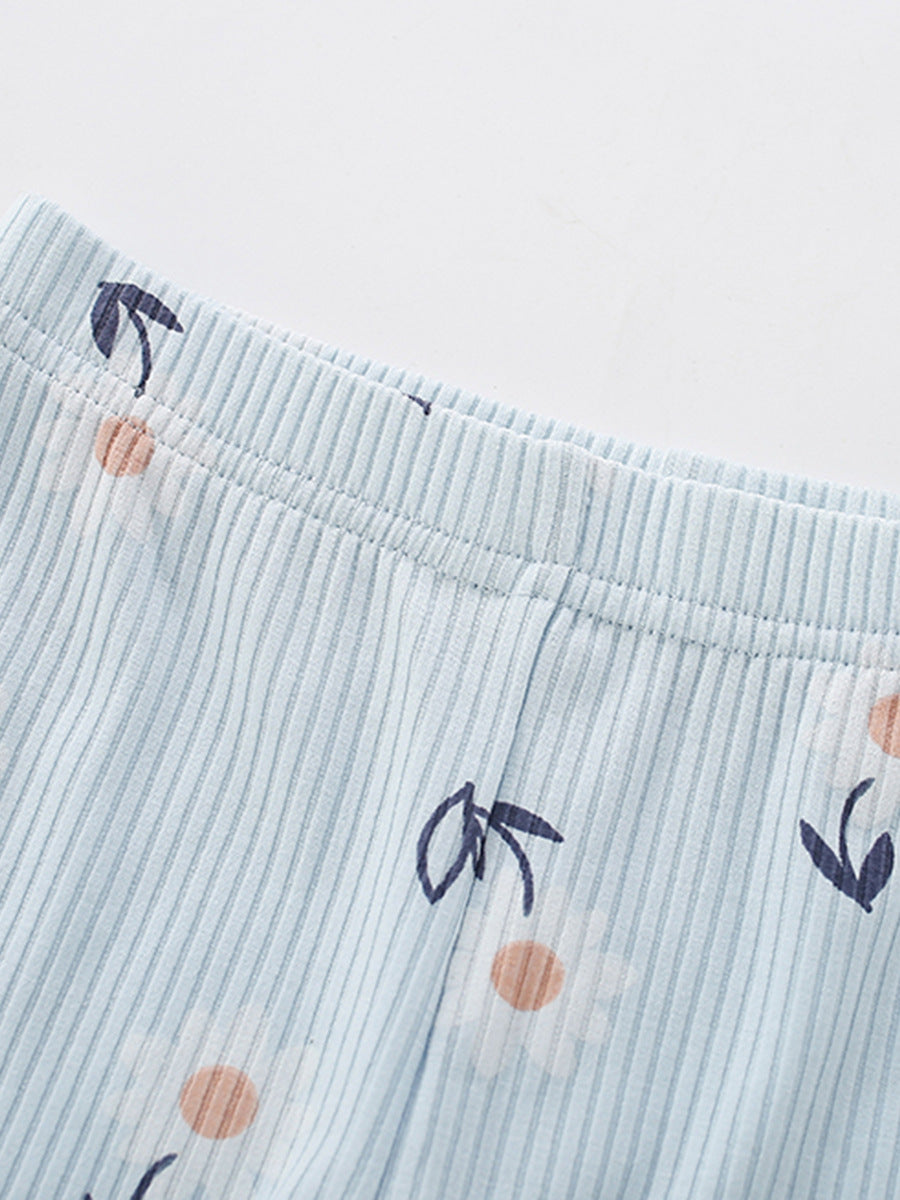 [WHOLESALE ONLY - CONTACT TO ORDER] Toddler & Girls Combed Cotton Cat Face T-Shirt & Daisy Ribbed Flare Pants 2-Piece Set (White/Light Blue) [KW-249]