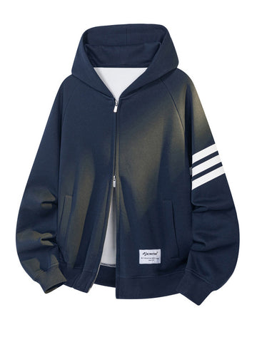 [WHOLESALE ONLY - CONTACT TO ORDER] Unisex Heavyweight 70% Cotton Sleeve Stripe Full-Zip Fleece Hoodie Jacket with Hem Patch (Dark Navy / Black) [AW-386]