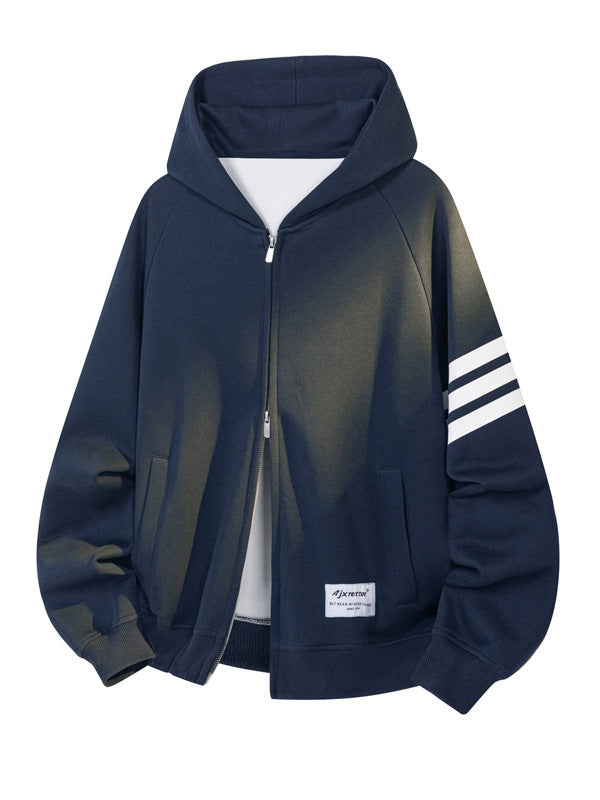 [WHOLESALE ONLY - CONTACT TO ORDER] Unisex Heavyweight 70% Cotton Sleeve Stripe Full-Zip Fleece Hoodie Jacket with Hem Patch (Dark Navy / Black) [AW-386]