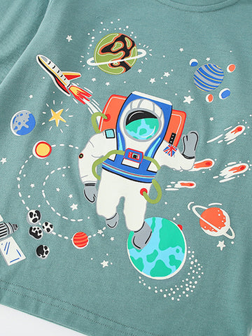 [WHOLESALE ONLY - CONTACT TO ORDER] Toddler & Boys 100% Combed Cotton Space Astronaut & Planets Long Sleeve T-Shirt (Sage Green) [KW-243]