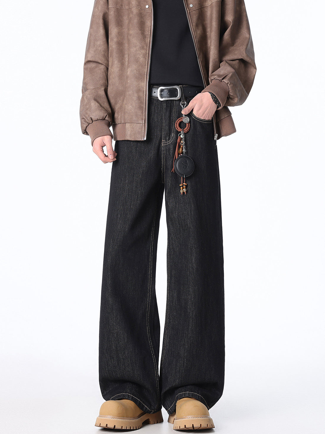 [WHOLESALE ONLY - CONTACT TO ORDER] Men's Heavyweight 100% Cotton Loose Fit Straight Wide-Leg Puddle Jeans (Washed Black) [AW-477]