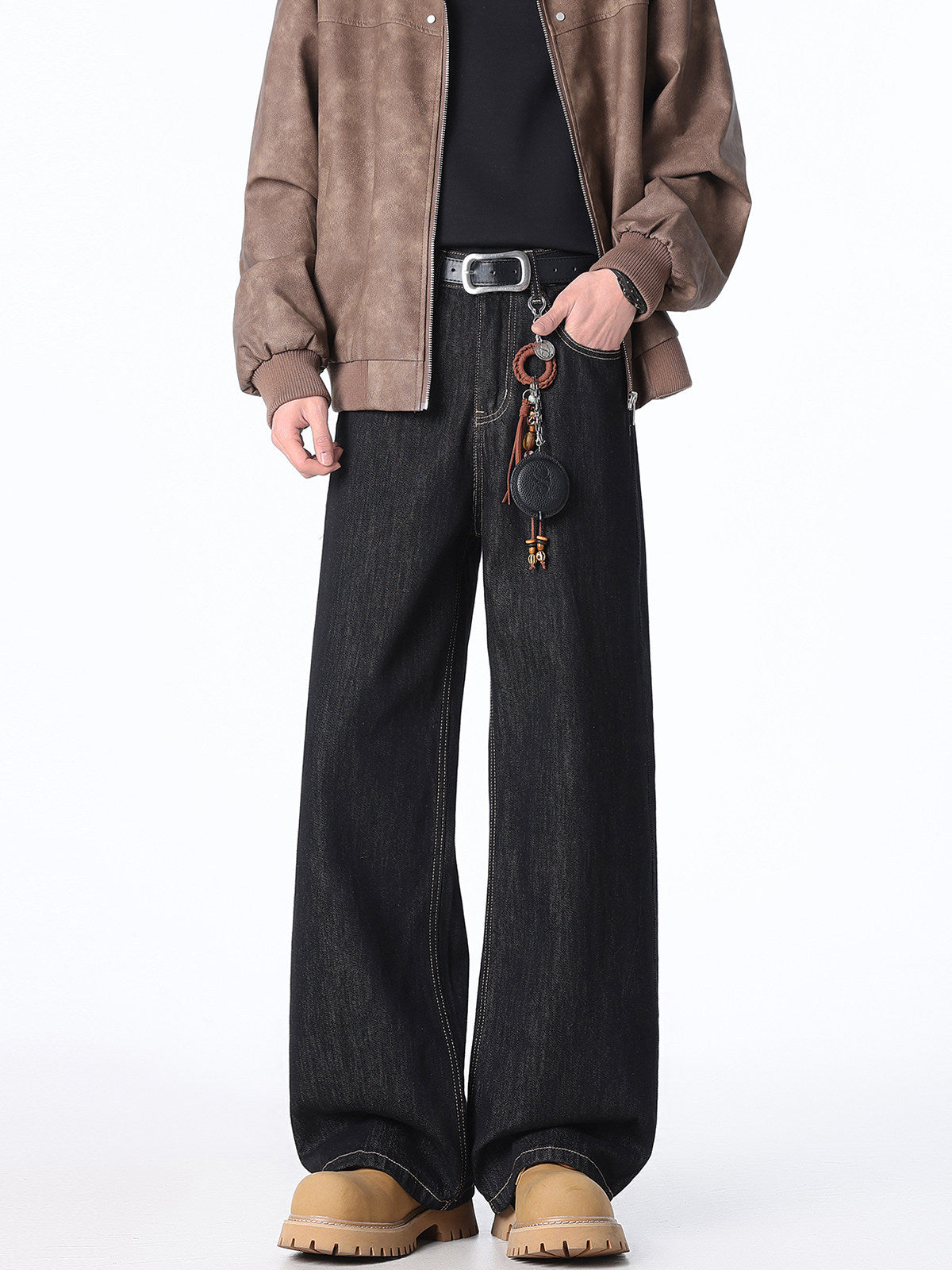 [WHOLESALE ONLY - CONTACT TO ORDER] Men's Heavyweight 100% Cotton Loose Fit Straight Wide-Leg Puddle Jeans (Washed Black) [AW-477]