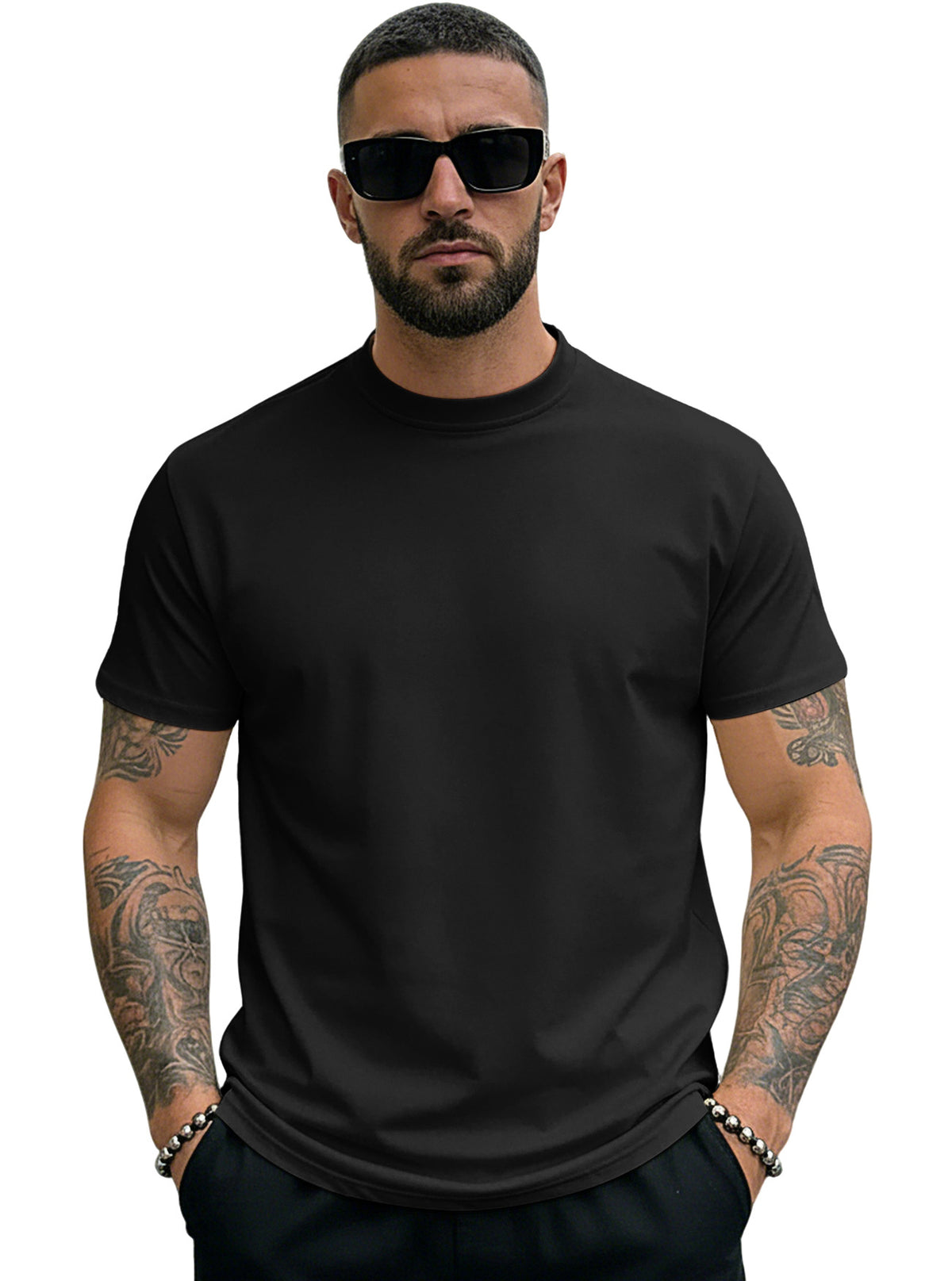 [WHOLESALE ONLY - CONTACT TO ORDER] Men's Heavyweight Cotton Spandex Mock Neck Muscle Fit Blank Short Sleeve T-Shirt [AW-128]