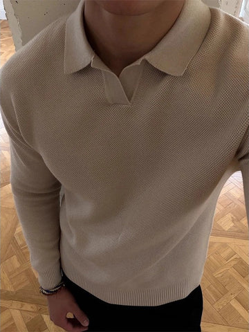 [WHOLESALE ONLY - CONTACT TO ORDER] Men's Cotton Blend Textured Knit Johnny Collar Long Sleeve Polo Sweater (Cream Ivory) [AW-494]