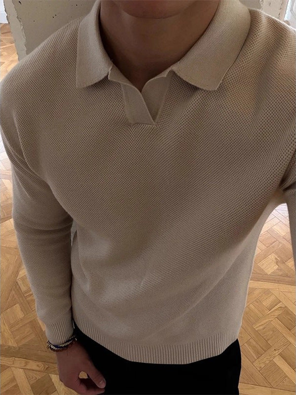 [WHOLESALE ONLY - CONTACT TO ORDER] Men's Cotton Blend Textured Knit Johnny Collar Long Sleeve Polo Sweater (Cream Ivory) [AW-494]