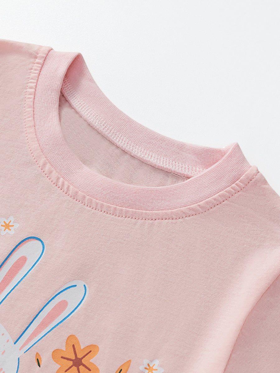 [WHOLESALE ONLY - CONTACT TO ORDER] Toddler & Girls 100% Combed Cotton Floral Bunny Long Sleeve T-Shirt (Pastel Pink) [KW-232]
