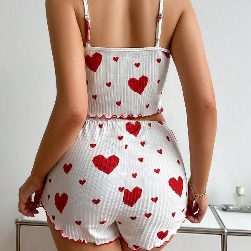 [WHOLESALE ONLY - CONTACT TO ORDER] Women's 70% Combed Cotton Rib-Knit Lettuce Trim Cami Top & Shorts Pajama Set (White Red Hearts) [AW-406]