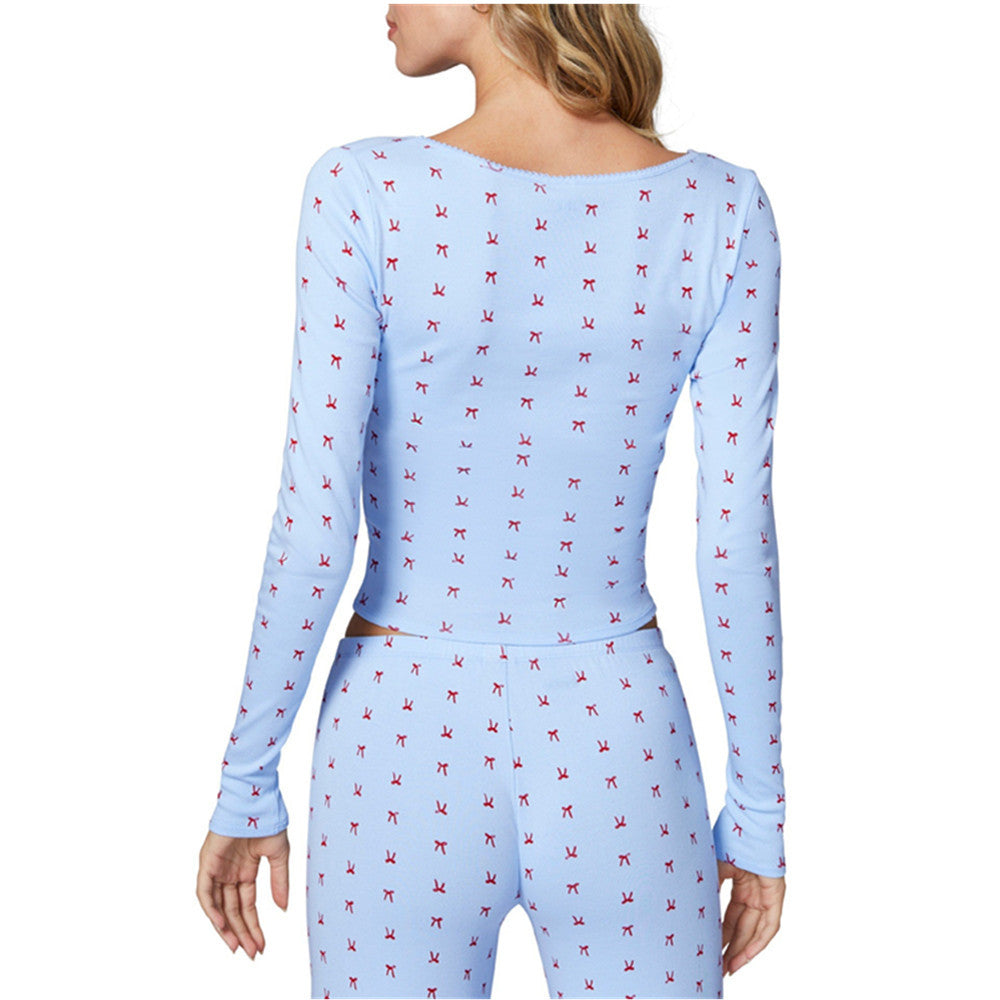 [WHOLESALE ONLY - CONTACT TO ORDER] Women's Cotton Blend 2-Piece Ribbon Bow Scoop-Neck Top & Flared Pants Pajama Set (Pastel Blue) [AW-537]