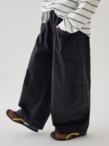 [WHOLESALE ONLY - CONTACT TO ORDER] Kids Unisex Washed Black Wide Balloon Leg 100% Cotton Twill Parachute Cargo Pants (Charcoal Black) [KW-196]