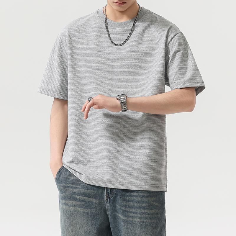 [WHOLESALE ONLY - CONTACT TO ORDER] Men's Heavyweight 100% Textured Cotton Oversized Drop-Shoulder T-Shirt with Mini Ribbed Jacquard (Heather Grey) [AW-466]