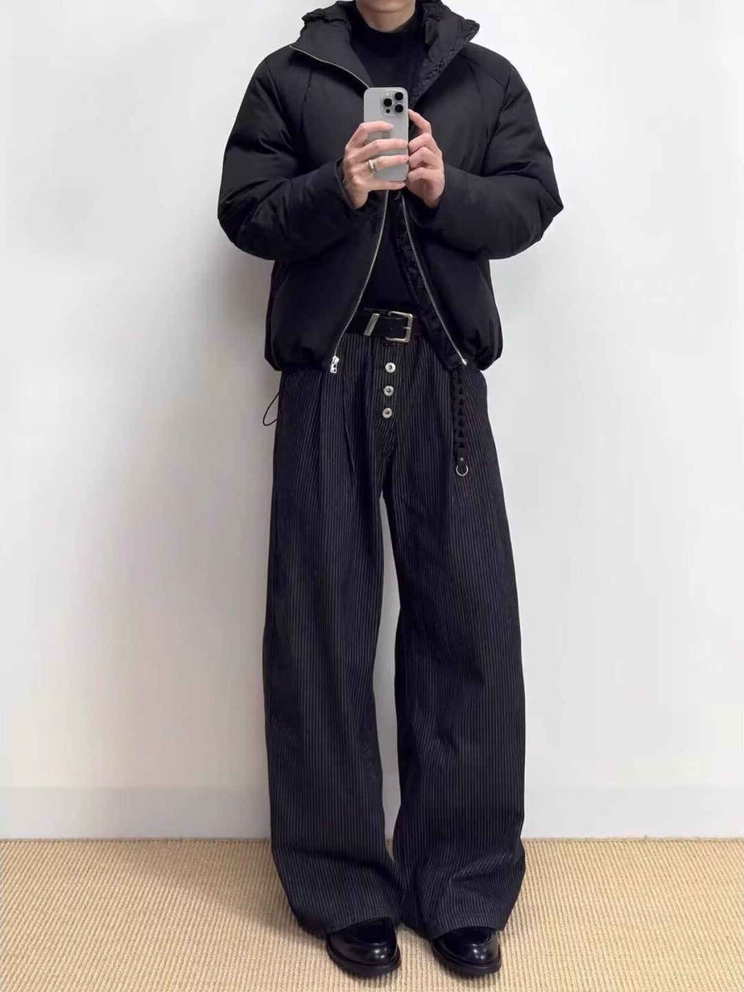[WHOLESALE ONLY - CONTACT TO ORDER] Unisex Heavyweight 70% Cotton Multi-Button High-Waist Pleated Wide-Leg Pinstripe Trousers (Charcoal Pinstripe) [AW-367]