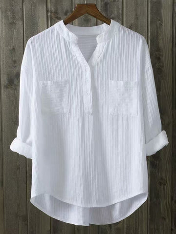[WHOLESALE ONLY - CONTACT TO ORDER] Women's Relaxed 75% Combed Cotton Vertical Pleated Henley Blouse with Dual Pockets (Optic White) [AW-408]