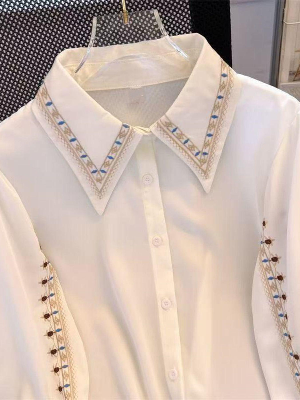 [WHOLESALE ONLY - CONTACT TO ORDER] Women's Vintage Embroidered Point Collar Long Sleeve Button-Down Blouse (Ivory Cream) [AW-407]