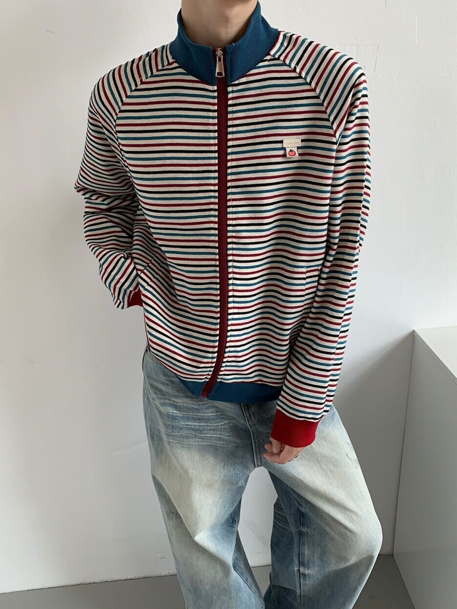 [WHOLESALE ONLY - CONTACT TO ORDER] Unisex Cotton Blend Heavyweight Retro Multi-Striped Contrast Ribbed Full-Zip Knit Track Jacket (Multi-Stripe) [AW-517]