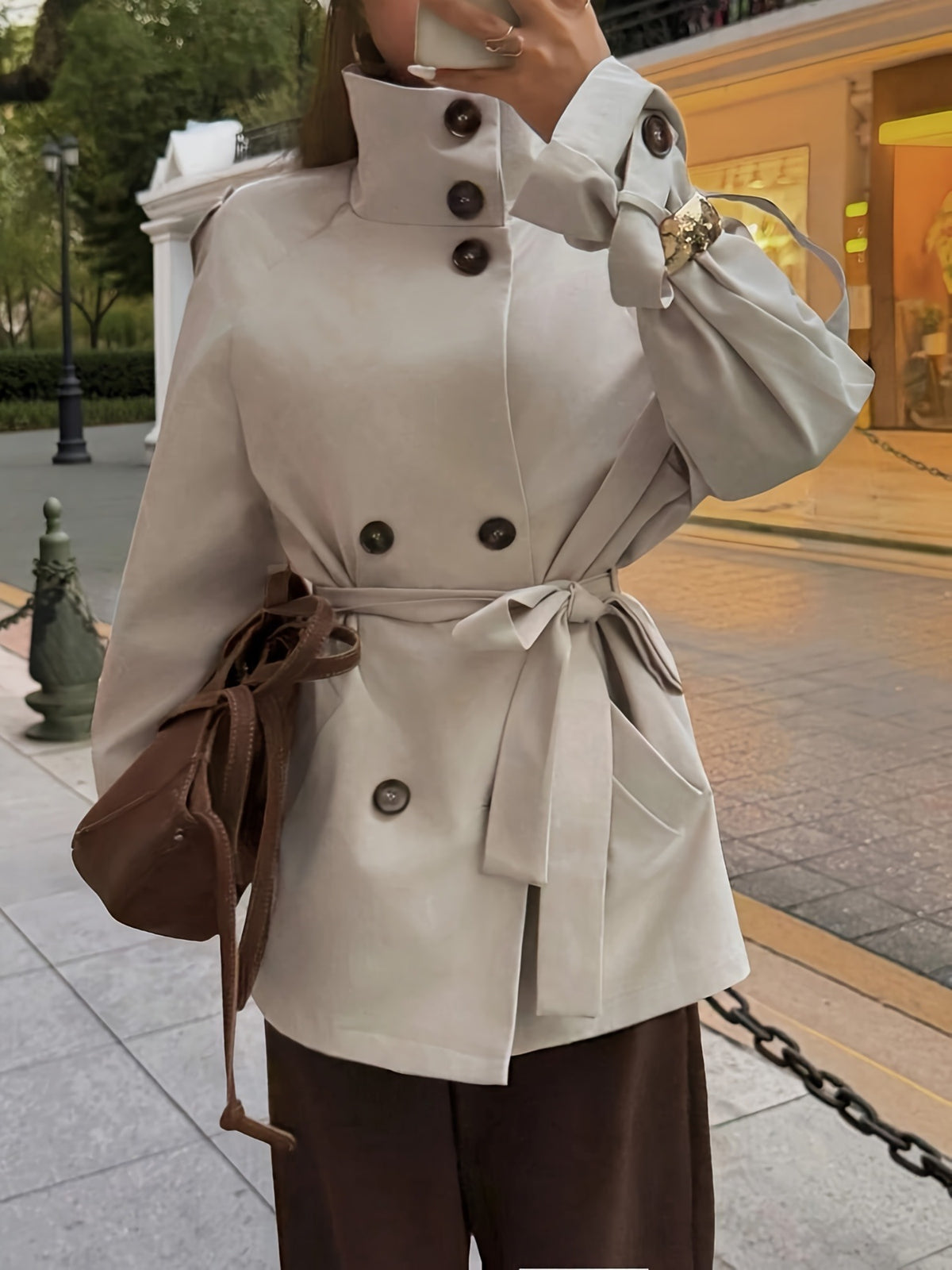 [WHOLESALE ONLY - CONTACT TO ORDER] Women's Korean Chic High Stand Collar Double-Breasted Belted Short Trench Coat Jacket (Oatmeal Beige) [AW-317]