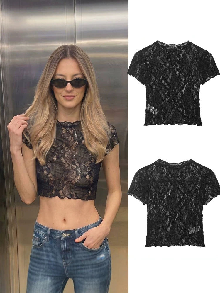 [WHOLESALE ONLY - CONTACT TO ORDER] Women's Y2K Sheer Floral Cotton Blend Lace Cropped Baby Tee with Scalloped Trim (Noir Black) [AW-470]