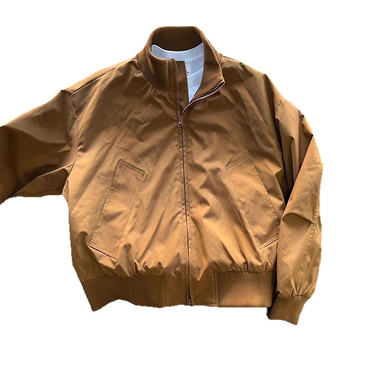 [WHOLESALE ONLY - CONTACT TO ORDER] Unisex Relaxed Fit Heavyweight 100% Cotton Twill Rib-Collar Zip-Up Harrington Jacket (Caramel Brown) [AW-282]
