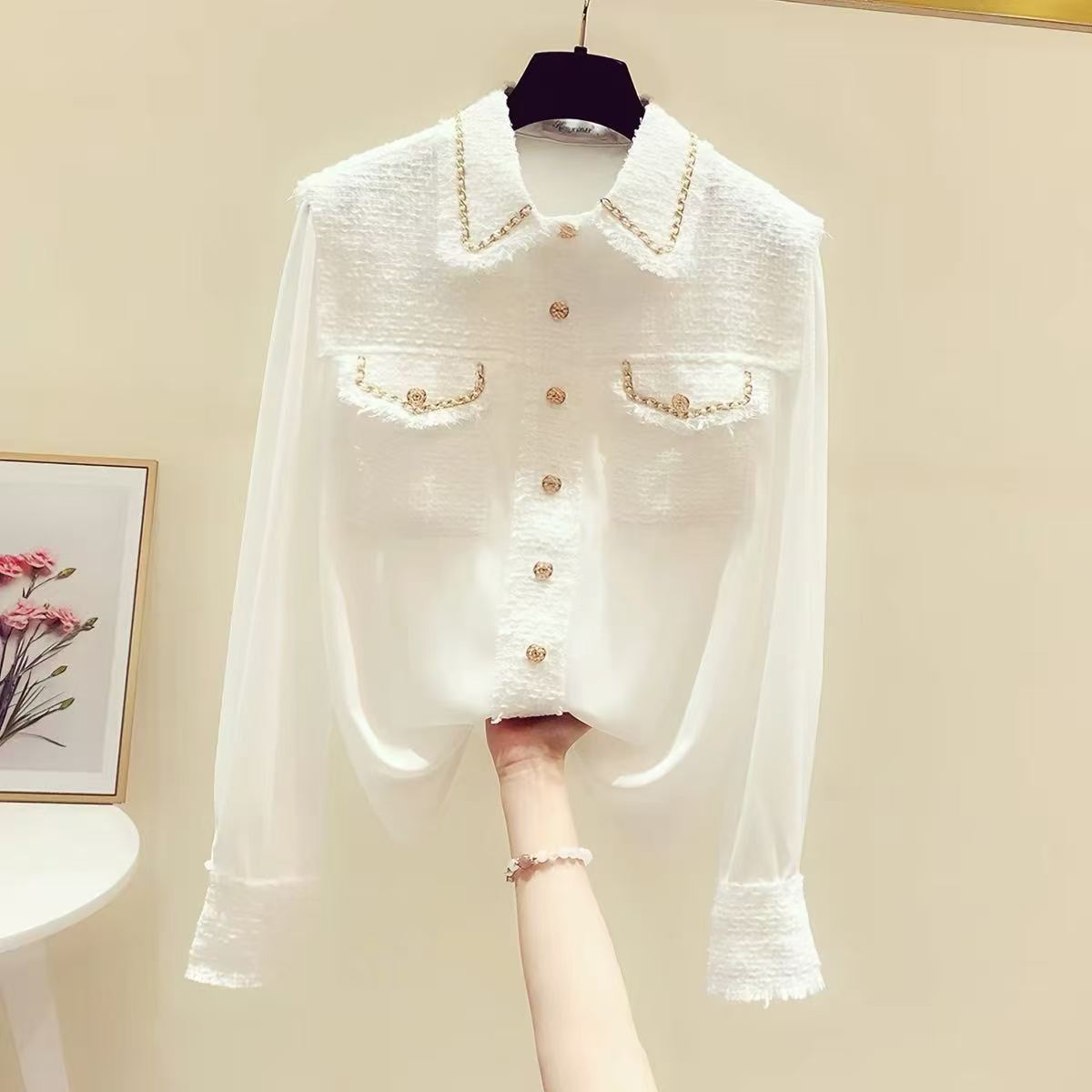 [WHOLESALE ONLY - CONTACT TO ORDER] Women's Heavyweight 65% Cotton Tweed Patchwork Gold Chain Trim Chiffon Long Sleeve Blouse (Ivory White) [AW-358]