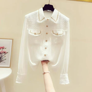 [WHOLESALE ONLY - CONTACT TO ORDER] Women's Heavyweight 65% Cotton Tweed Patchwork Gold Chain Trim Chiffon Long Sleeve Blouse (Ivory White) [AW-358]