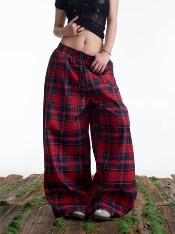 [WHOLESALE ONLY - CONTACT TO ORDER] Women's Baggy Plaid Flannel Wide-Leg Trousers with Drawstring Elastic Waist (Red Tartan) [AW-150]