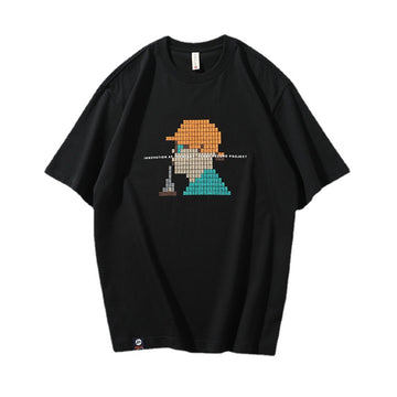 [WHOLESALE ONLY - CONTACT TO ORDER] Unisex Relaxed Fit Heavyweight 100% Combed Cotton Pixel Art Character Graphic Short Sleeve T-Shirt (Jet Black) [AW-286]