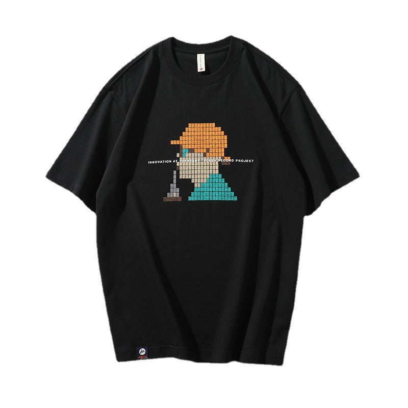 [WHOLESALE ONLY - CONTACT TO ORDER] Unisex Relaxed Fit Heavyweight 100% Combed Cotton Pixel Art Character Graphic Short Sleeve T-Shirt (Jet Black) [AW-286]