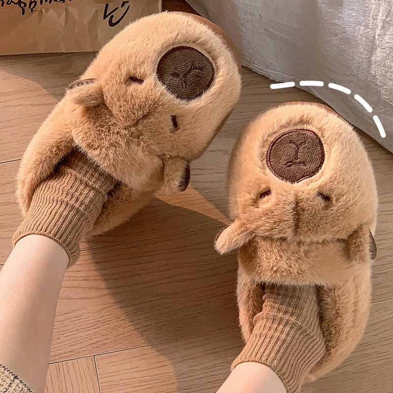 [WHOLESALE ONLY - CONTACT TO ORDER] Unisex 3D Cute Capybara Plush Fleece-Lined Non-Slip Platform Slippers (Warm Caramel Brown) [FM-134]